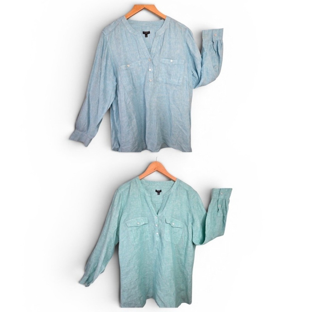 Talbots Lot of 2‎ 100% Linen Blue Green Tunic Blouses Plus Size 2X Coastal Beach